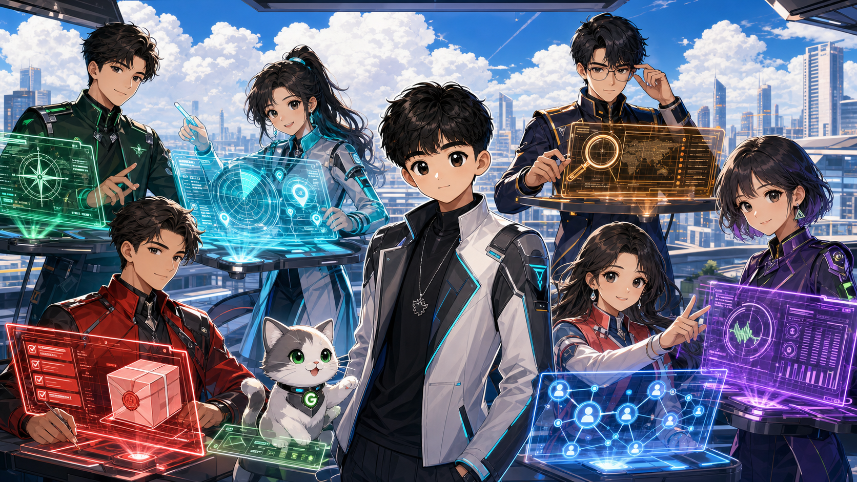 Pengyi, Little G Cat, and six PCT lead agents working together
